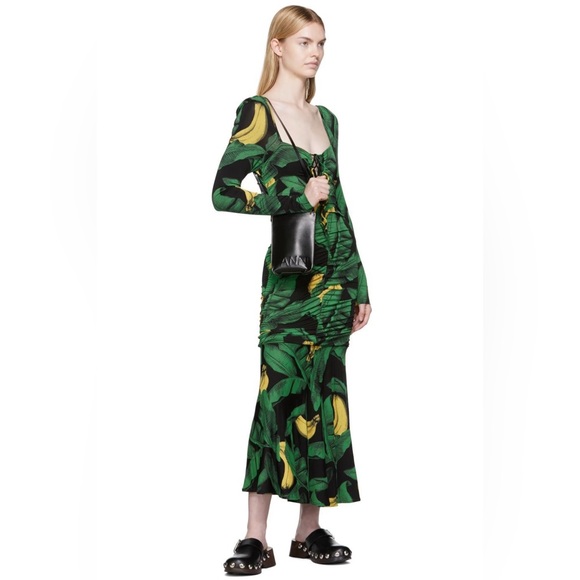 Ganni BNWT Green Black Banana Dress MIDI 36 - Picture 3 of 6
